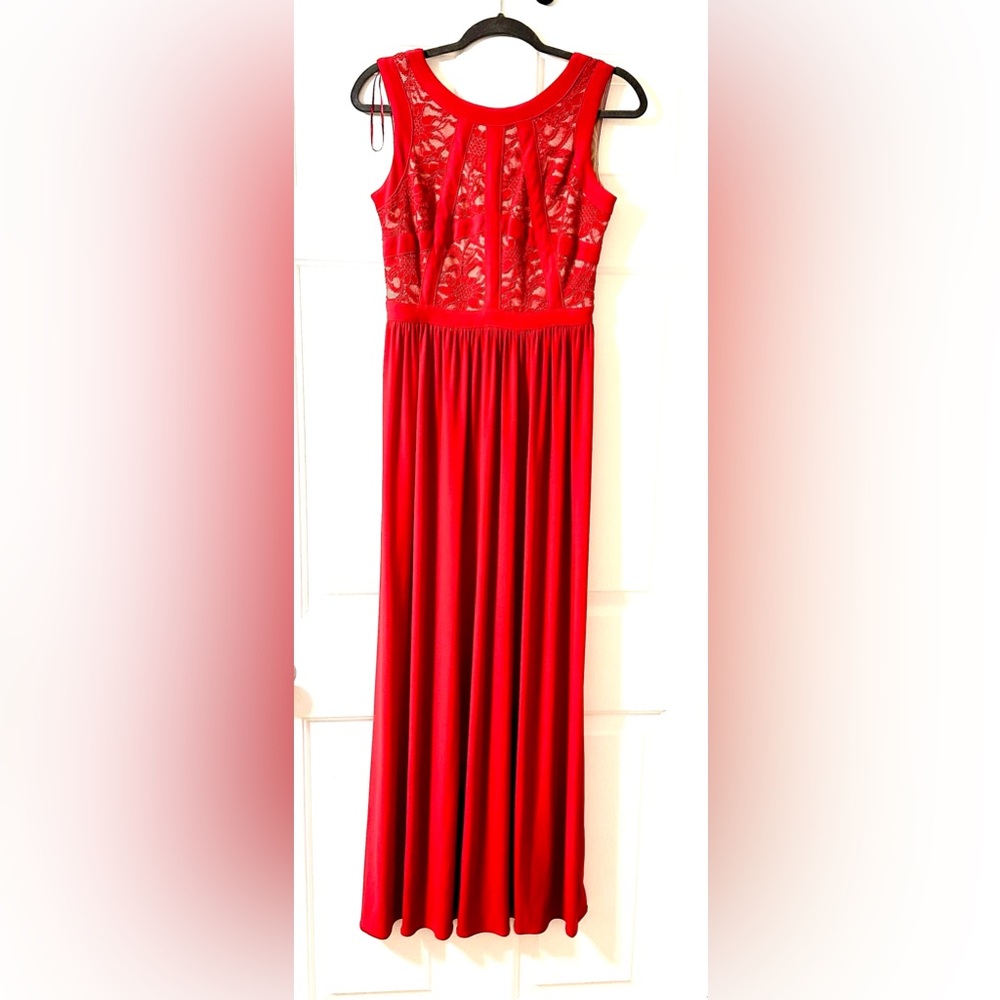 Red and nude lace dress